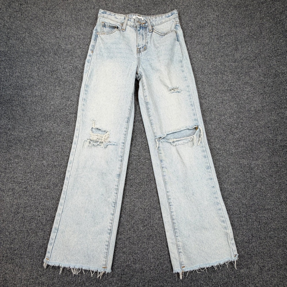 RSQ Wide Leg Jean Women 12 Light Wash‎ Ripped Distressed Raw Hem Y2K Grunge